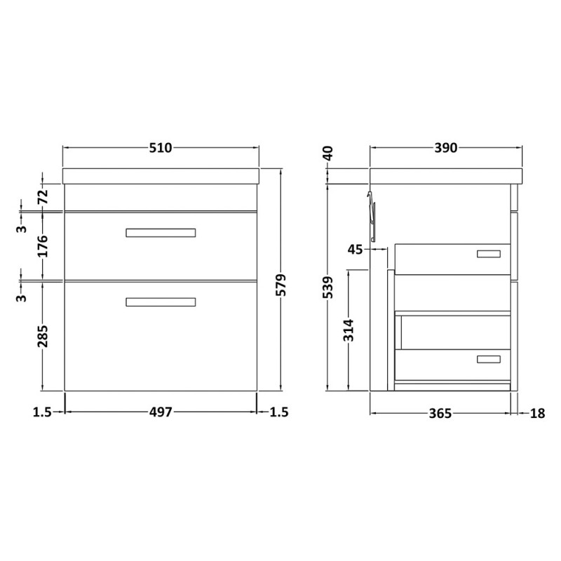 Athena 500mm Wall Hung Double Drawer Vanity Units