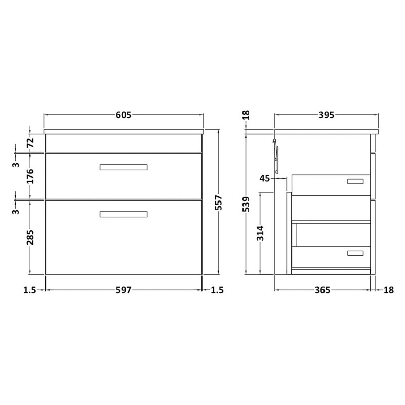 Athena 600mm Wall Hung Double Drawer Vanity Units