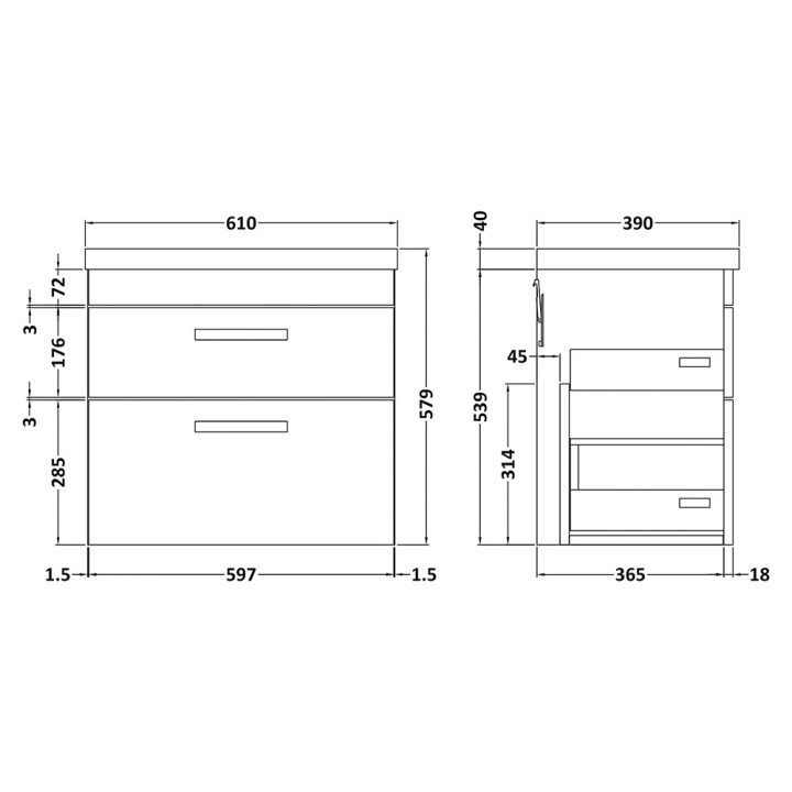 Athena 600mm Wall Hung Double Drawer Vanity Units