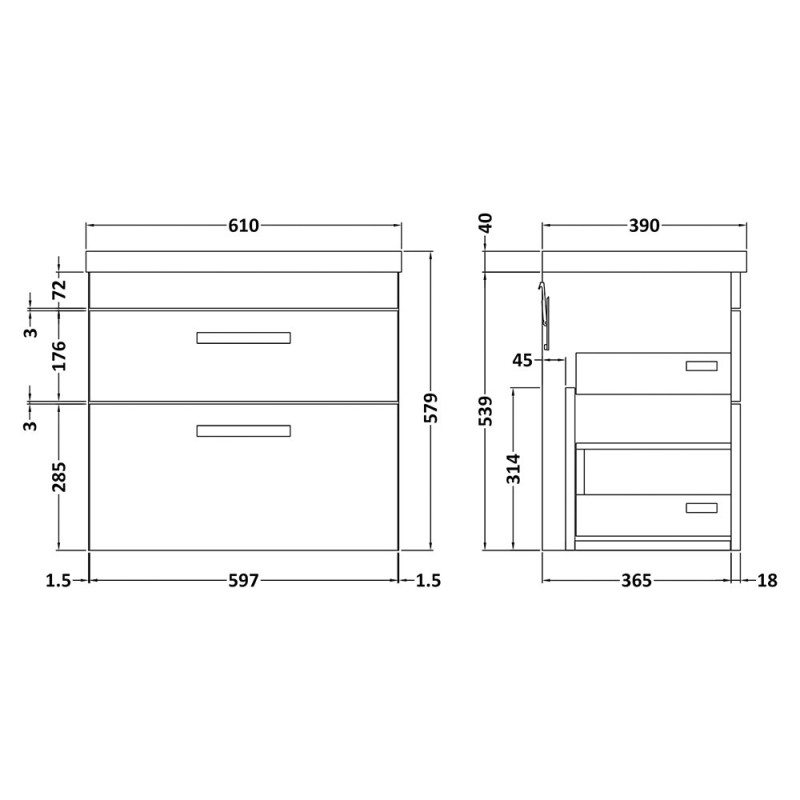 Athena 600mm Wall Hung Double Drawer Vanity Units