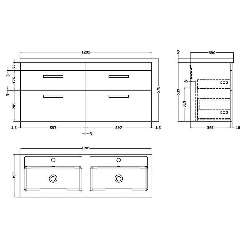 Athena 1200mm Wall Hung Four Drawer Double Basin Vanity Units