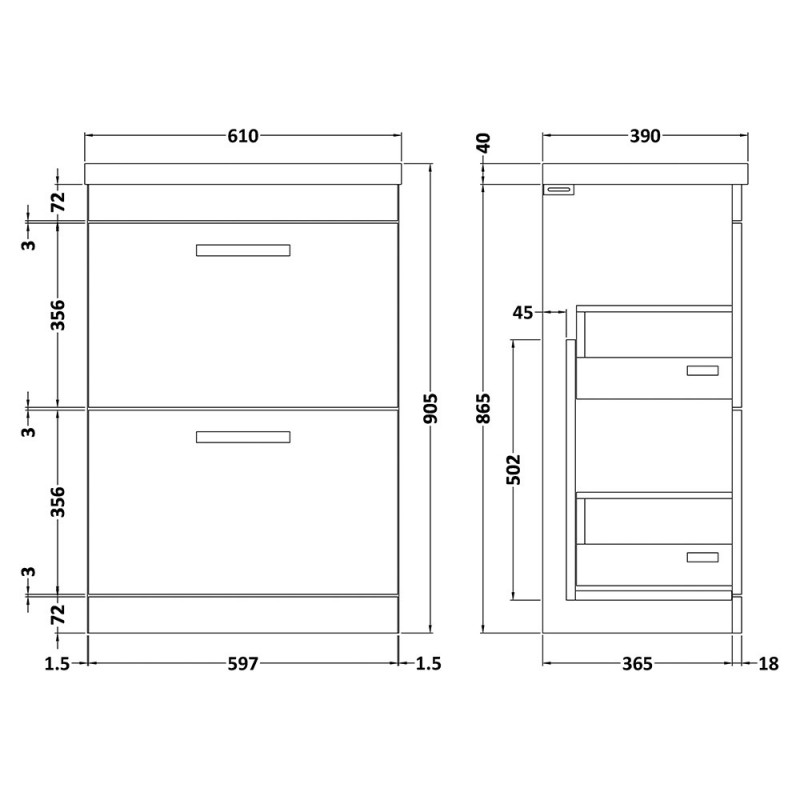 Athena 600mm Freestanding Double Drawer Vanity Units