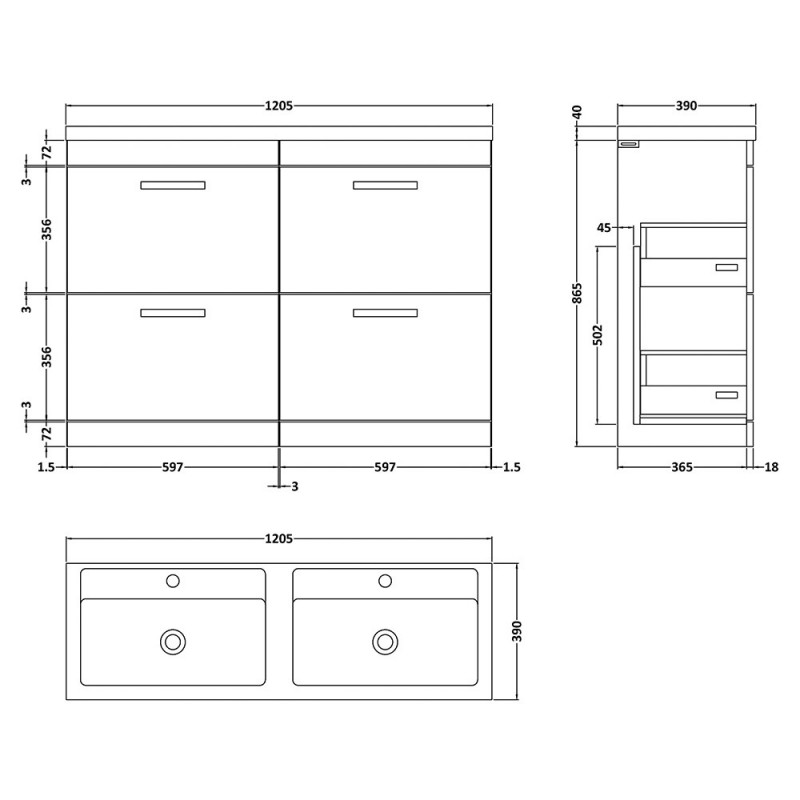 Athena 1200mm Freestanding Four Drawer Double Basin Vanity Units