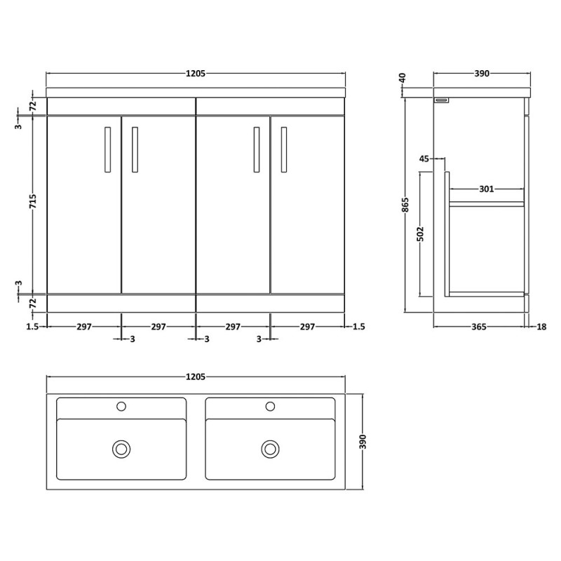 Athena 1200mm Freestanding 2-Cupboard Double Basin Vanity Units