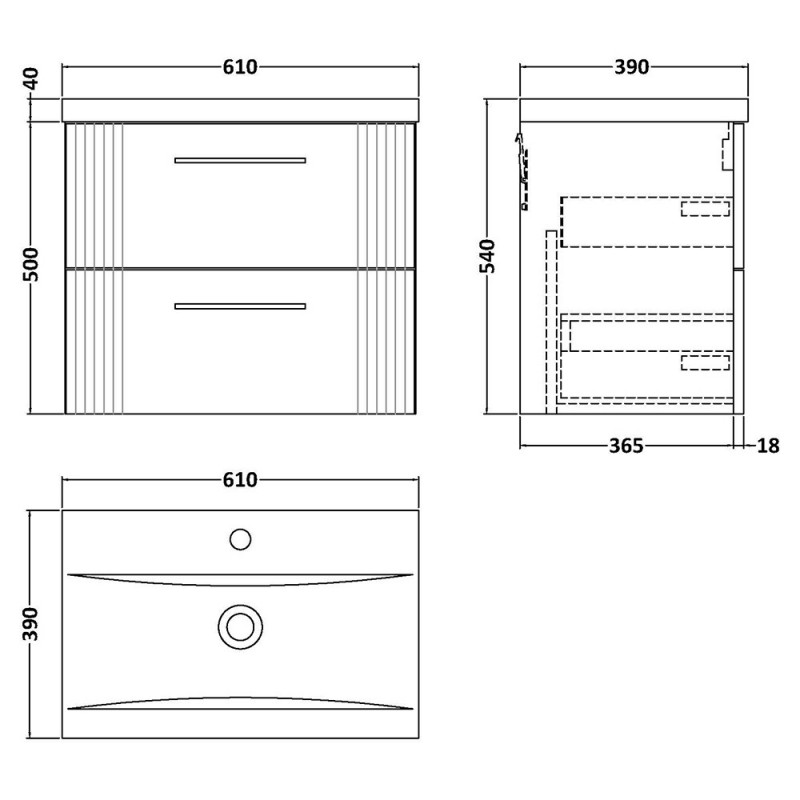 Deco 600mm Wall Hung Double Drawer Vanity Units