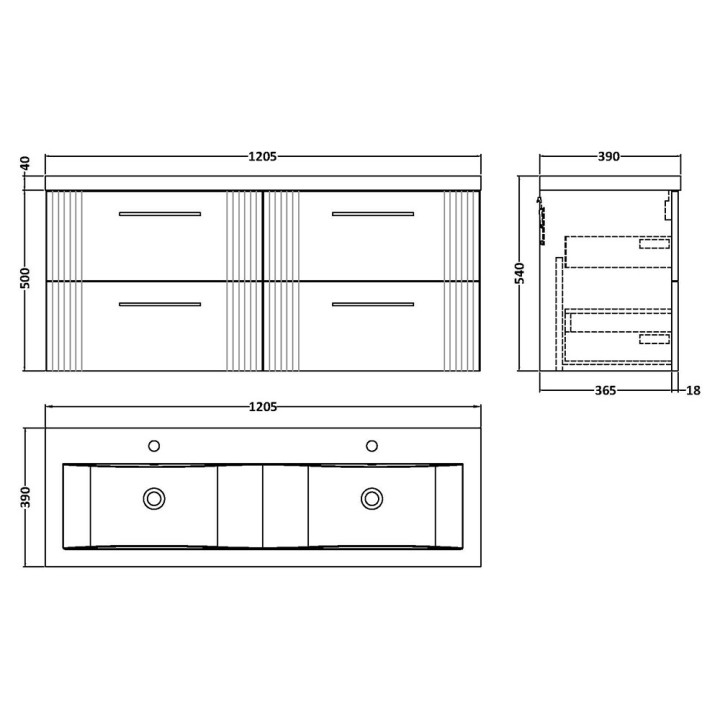 Deco 1200mm Wall Hung Four Drawer Double Basin Vanity Units