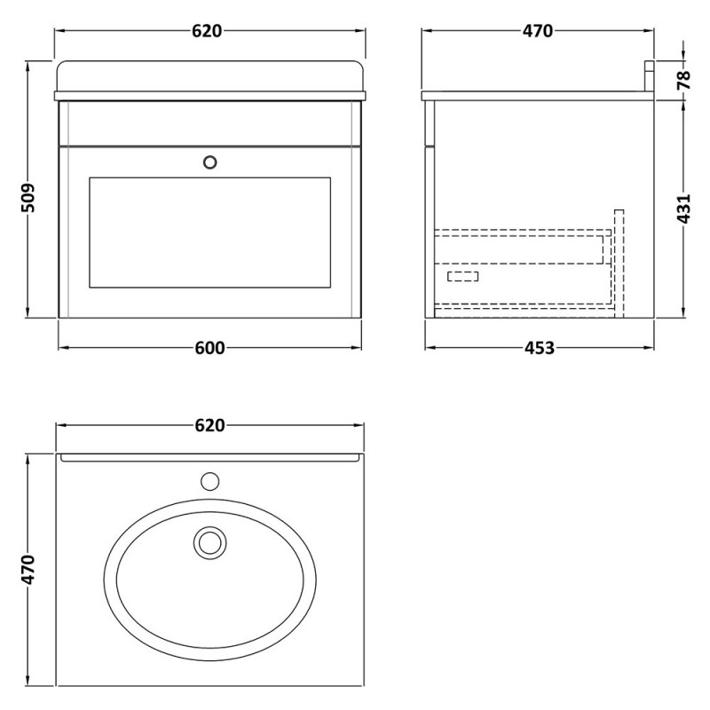 Classique 600mm Wall Hung Traditional Drawer Vanity Units With Worktops