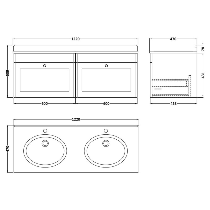 Classique 1200mm Wall Hung Traditional Drawer Vanity Units With Worktops