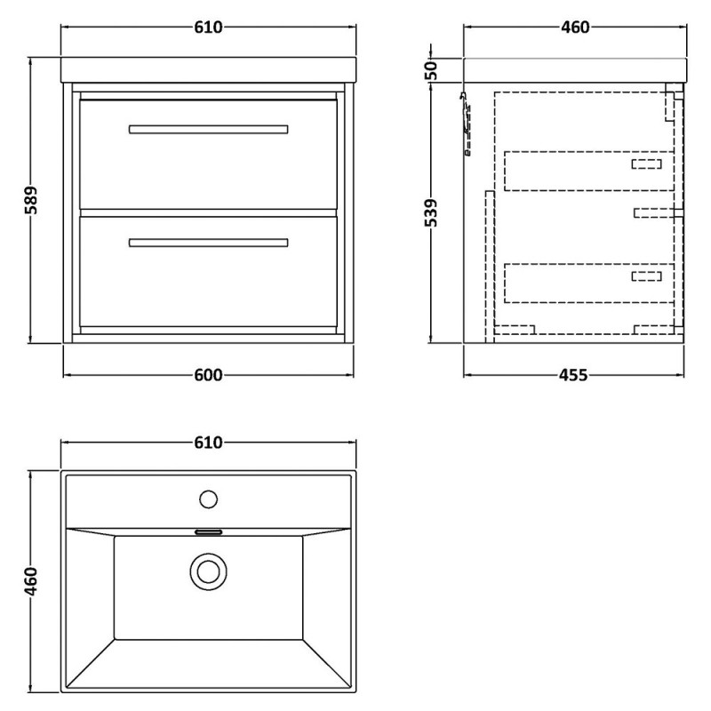 Lille 600mm Wall Hung Double Drawer Vanity Units