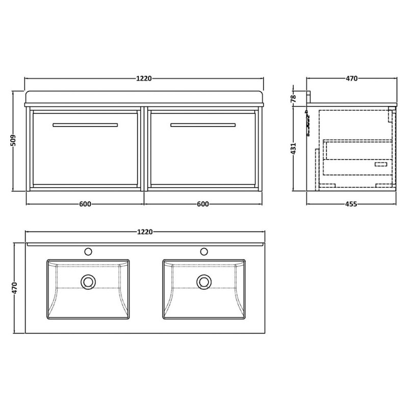 Lille 1200mm Wall Hung Double Drawer Vanity Units