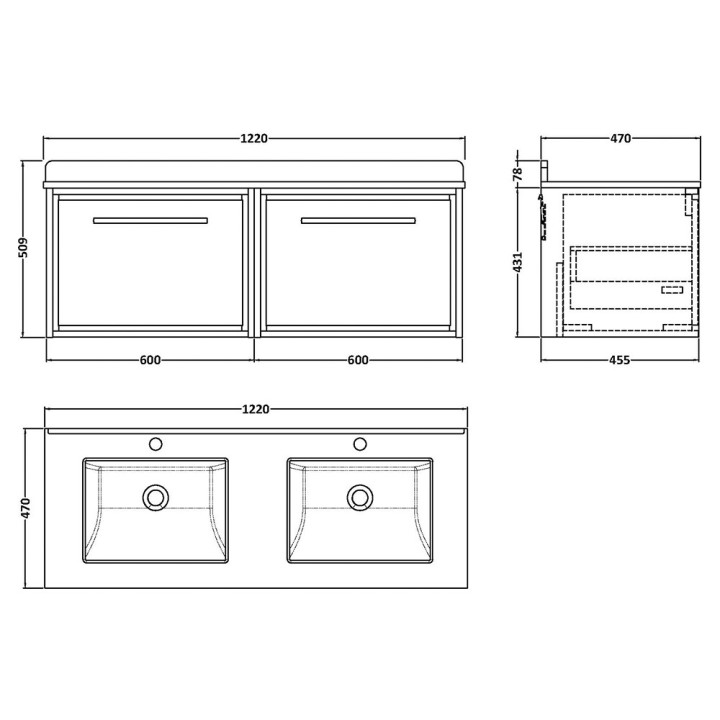 Lille 1200mm Wall Hung Double Drawer Vanity Units