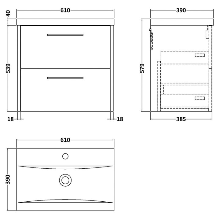 Juno 600mm Wall Hung Double Drawer Vanity Units